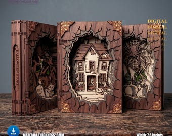 May include: Three layered wooden book-shaped dioramas featuring Halloween themes. The center piece shows a haunted house, while the side pieces display a graveyard with a spider web and a witch with a cauldron. Text reads HALLOWEEN STORY.