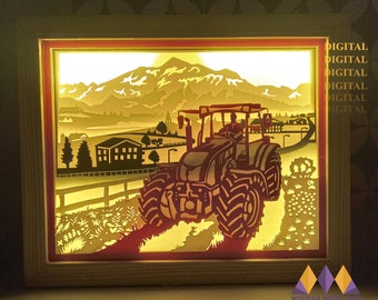 Tractor Paper Cut Light Box: Farm Landscape SVG, DXF, PDF (Digital Download)