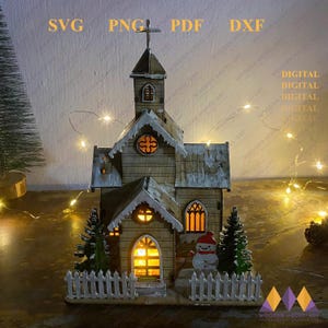 KERK Svg lasergesneden bestanden, 3D kerstkerk, kerstdecor, DIY lantaarn kerstversieringen - sjabloon voor kerst