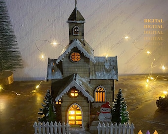 May include: A wooden model kit of a church with a snowy roof, lit windows, and a snowman standing in front. The kit is made of laser-cut wood and comes with instructions for assembly.  SVG, PNG, PDF, and DXF digital files are also available.