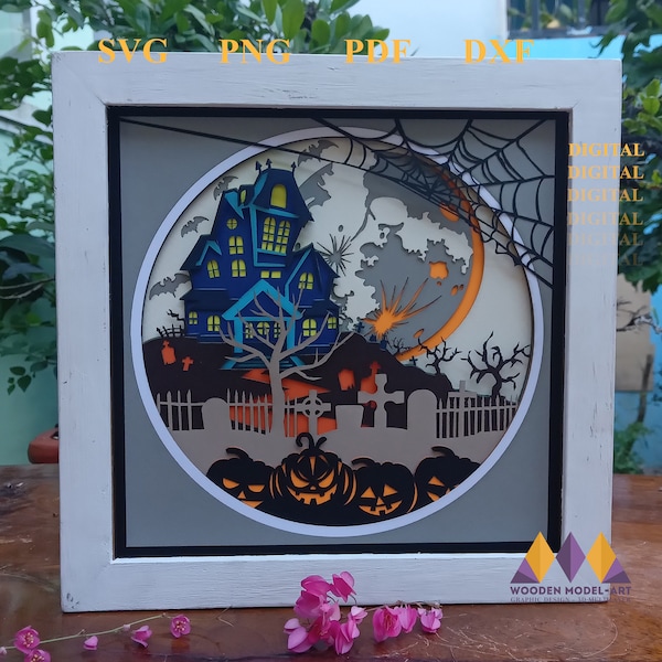 3D HALLOWEEN Svg Shadow Box - Halloween Haunted Victoria Light Box - Spooky Midnight Silhouette - Cardstock for Cricut.