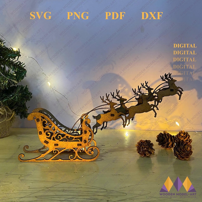 Santa Sleigh Laser Cut File: Christmas Reindeer SVG, Glowforge Ready ...