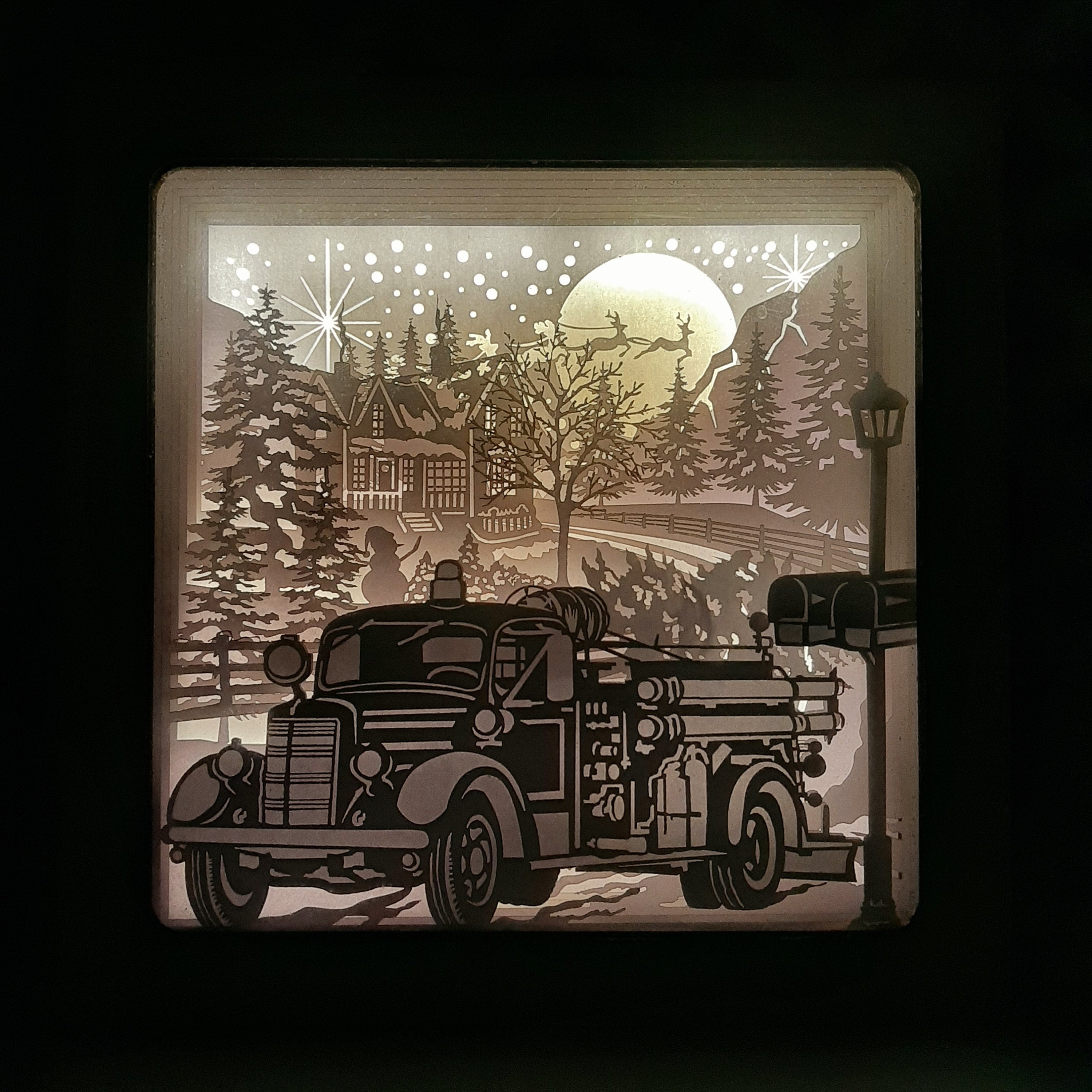 Fire Truck Christmas Shadow Box/firefighter Shadow Box/light