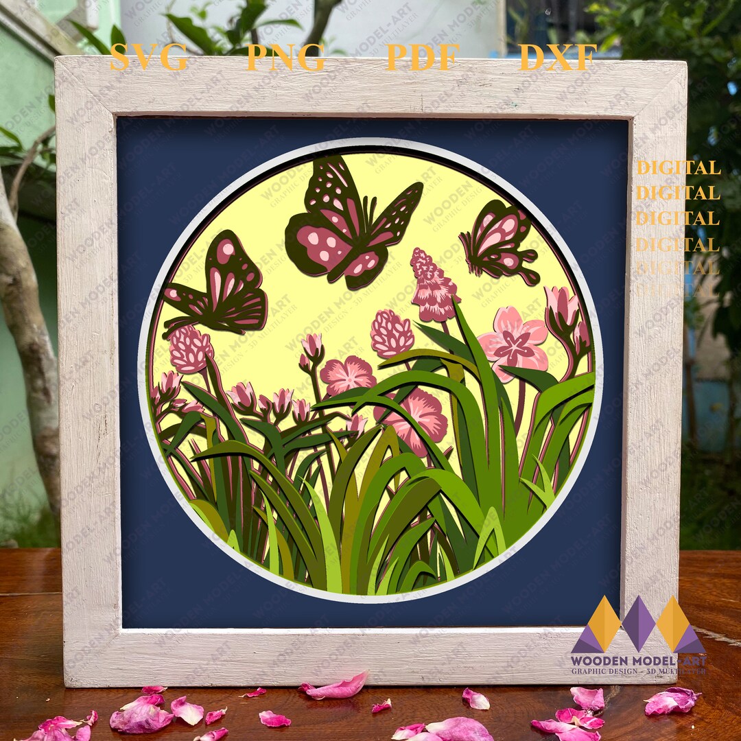 Butterfly Garden Svg Shadowbox Template, 3D Flower Svg Lightbox ...