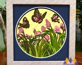 Butterfly Garden Svg Shadowbox Template, 3D Flower Svg Lightbox, Cardstock Cricut, Silhouette