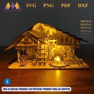 Portacandele con scena della Natività tagliato al laser: decorazione per lampada da tavolo natalizia (file digitale)