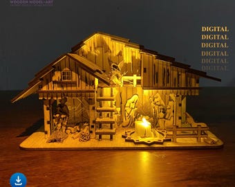 May include: A wooden nativity scene with intricate cut-out details, illuminated from within. The scene includes figures, a stable, and a lit candle. The image also includes the text "SVG PNG PDF DXF" and "THIS IS DIGITAL PRODUCT. NO PHYSICAL PRODUCT WILL BE SHIPPED."