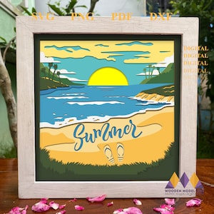 May include: A digital papercraft design featuring a beach scene with a sunset, ocean waves, sand, and the word "Summer" written on a surfboard. The design is in a frame with the words "SVG, PNG, PDF, DXF" at the top.