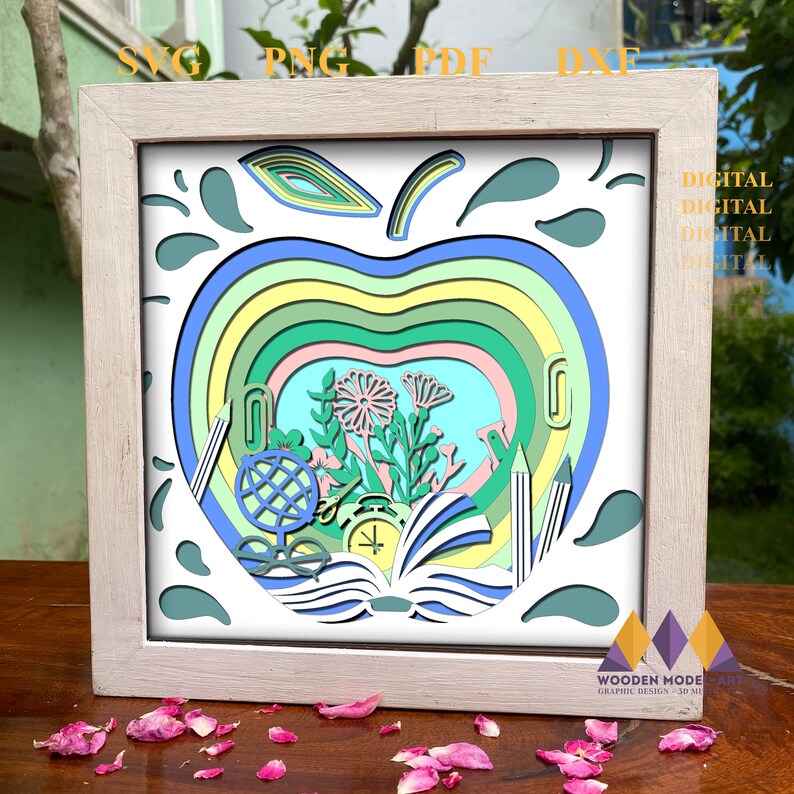 Floral Apple Teacher Shadow Box SVG: 3D Paper Cut File (digital ...