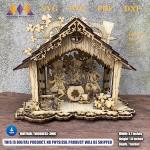 May include: A wooden laser-cut decorative piece featuring a house-like structure with three leprechaun figures, a pot of gold, and shamrocks. The structure is approximately 8.7 inches wide, 7.8 inches high, and 7 inches deep. The text "LRC" is visible.