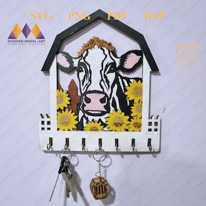 COW FARM Key Hanger, Holder, Girasol, Casa, KEY Rack Layered, Decoración de pared Pintura de madera contrachapada Diseño digital Glowforge Corte láser.