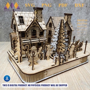 May include: Laser-cut wooden Christmas village scene with two houses, Santa Claus, and other figures. The scene includes a Christmas tree, presents, and a sleigh. The text on the image says "SVG PNG PDF DXF" and "THIS IS DIGITAL PRODUCT. NO PHYSICAL PRODUCT WILL BE SHIPPED."
