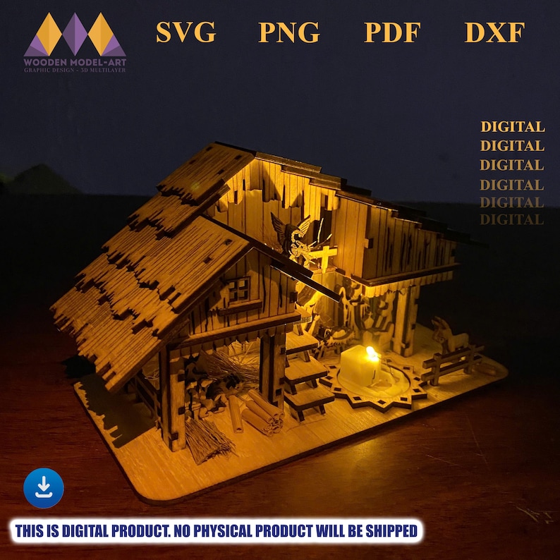 Op de afbeelding: Een houten model van een hut met een kaars erin, verlicht door een warm licht. Het model is gemaakt van lichtbruin hout en heeft ingewikkelde details. De afbeelding bevat tekst die zegt "SVG, PNG, PDF, DXF" en "THIS IS DIGITAL PRODUCT. NO PHYSICAL PRODUCT WILL BE SHIPPED."