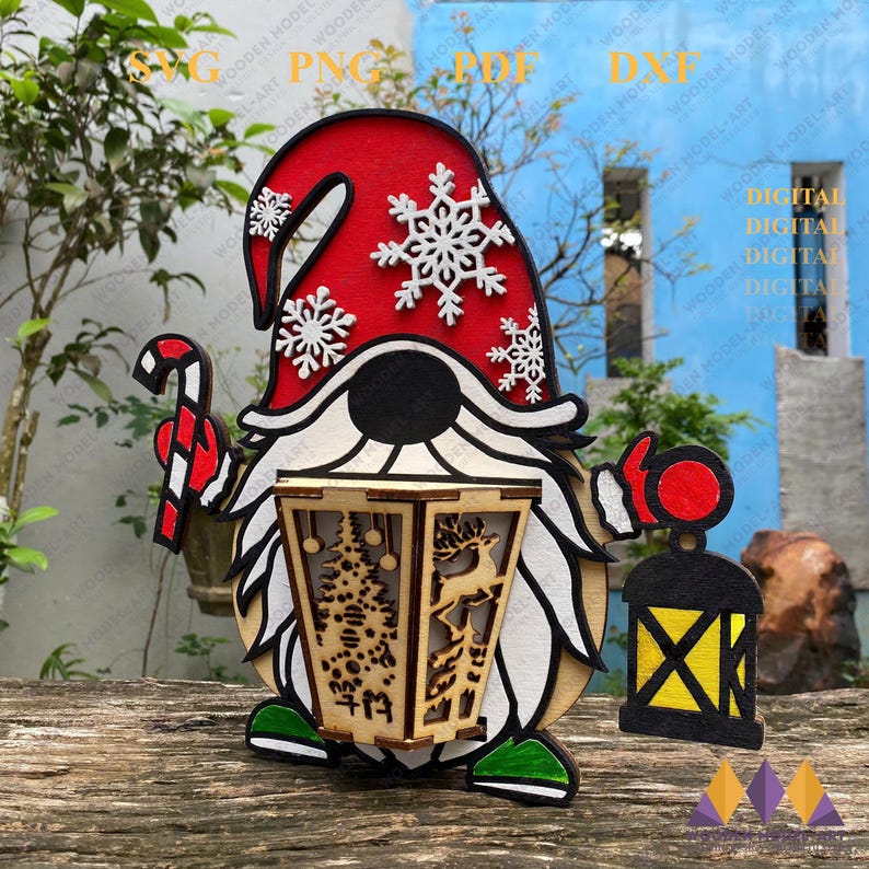 May include: A wooden gnome figurine with a red hat and white snowflakes. The gnome is holding a candy cane in one hand and a lantern in the other. The lantern has a Christmas tree design and a reindeer inside.