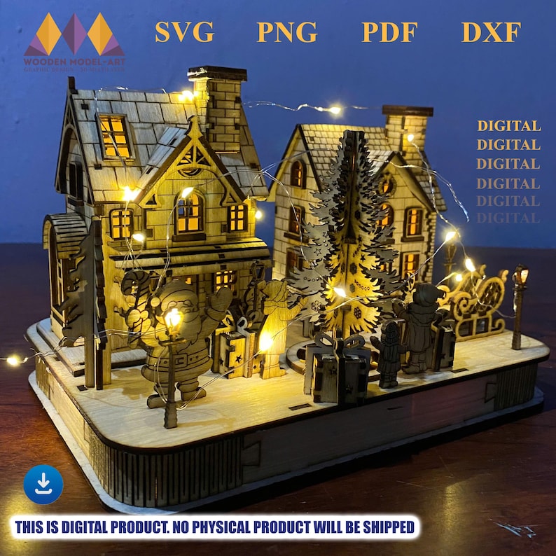 May include: A wooden Christmas village scene with two houses, a Christmas tree, and Santa Claus figures, illuminated by fairy lights. The houses have detailed cut-out windows and chimneys. The base of the scene is a book. The image includes the text "SVG, PNG, PDF, DXF".