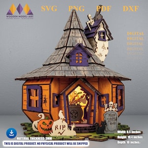 Peut inclure: Un modèle en bois multicouche représentant une maison d'Halloween avec un toit conique, des accents violets et une porte centrale révélant un chaudron. La base comprend une citrouille, une pierre tombale marquée RIP, un chat et un squelette. Dimensions : 21,59 cm de large, 26,42 cm de haut et 25,4 cm de profondeur.