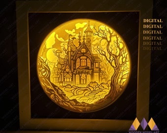 GHOST CASTLE Svg Light Box, Halloween Shadow Box, For Cricut, Cardstock, Silhouette