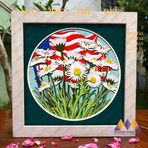 3D Daisies Svg, American Flag Svg Cricut, 4 de julio Patriotic Daisies - Día de la Independencia - Para Cricut - Cardstock Svg - para silueta