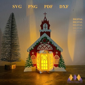 KERK lantaarn Svg, 3D lantaarn schaduwdoos, kerstdecor, DIY lantaarn kerstversieringen - papier gesneden sjabloon voor kerst