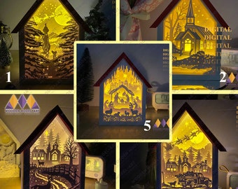 May include: Five different Christmas light-up wooden house designs. The designs include a church, a nativity scene, a winter village, a Santa flying through the air, and a winter scene with a deer.
