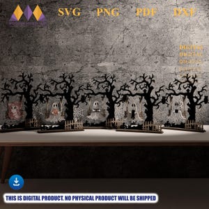 May include: A Halloween-themed wooden decoration featuring black silhouette trees, ghosts, spiderwebs, and small fences. The design includes the text "SVG PNG PDF DXF" at the top. The bottom of the image reads "THIS IS DIGITAL PRODUCT. NO PHYSICAL PRODUCT WILL BE SHIPPED."