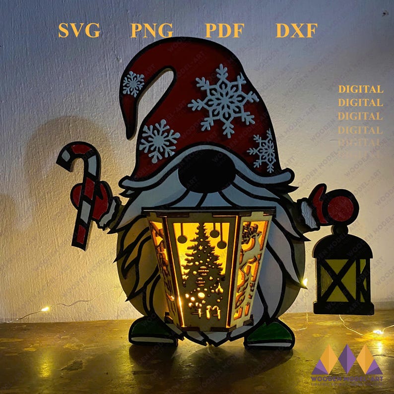 May include: A wooden gnome holding a candy cane and a lantern with a lit candle inside. The gnome is wearing a red hat with white snowflakes and a white beard. The lantern has a cutout of a Christmas tree inside.