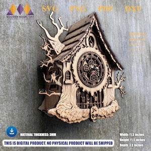 Puede incluir: Un reloj de pared de madera cortado con láser con un diseño de casa encantada, ramas de árboles desnudas, un motivo de calavera y engranajes expuestos. Mide 29,21 cm de ancho, 29,21 cm de alto y 8,89 cm de profundidad, con 3 mm de grosor.