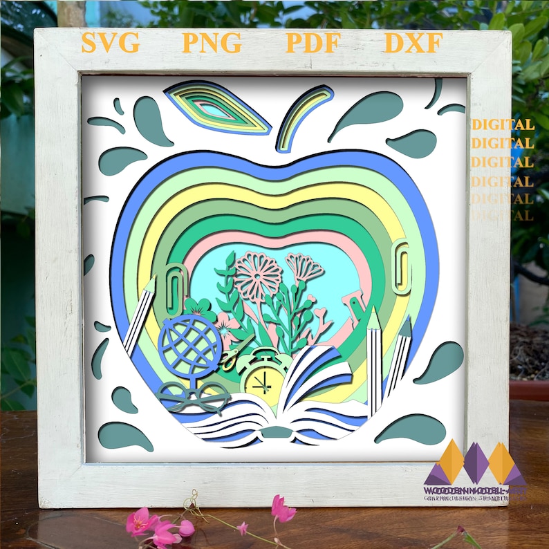 Floral Apple Teacher Shadow Box SVG: 3D Paper Cut File (digital ...