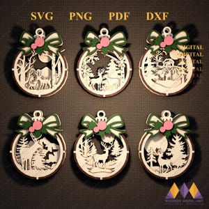 Set 6 ornamenti per scena di renne, palline per albero, artigianato, scena di Natale rotonda da appendere, download digitale SVG