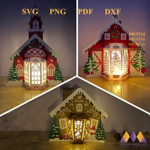 Lot de 3 lanternes d'église, maison de ferme de Noël, modèle de maison en pain d'épice - décorations de Noël pour lanternes à faire soi-même - modèle découpé en papier pour Noël