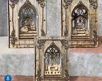 May include: Wooden laser-cut nativity scene in a gothic arch frame. The frame is decorated with leaf patterns. The image shows three different scenes: the nativity, the manger, and the crucifixion. The text on the image says "SVG, PNG, PDF, DXF" and "THIS IS DIGITAL PRODUCT. NO PHYSICAL PRODUCT WILL BE SHIPPED."