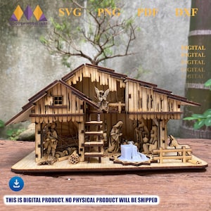 Op de afbeelding: Een lasergesneden houten kerststal met gedetailleerde figuren en architecturale elementen. De sc&egrave;ne bevat een stal, figuren en een ladder. De afbeelding bevat ook de tekst "SVG PNG PDF DXF" en "THIS IS DIGITAL PRODUCT. NO PHYSICAL PRODUCT WILL BE SHIPPED."
