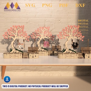 May include: Wooden laser-cut tree models with pink leaf accents, swings, and benches. Each model features a unique design, including a couple, a backpack, and silhouettes. The bases are engraved with names. Digital product.