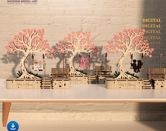 May include: Wooden laser-cut tree models with pink leaf accents, swings, and benches. Each model features a unique design, including a couple, a backpack, and silhouettes. The bases are engraved with names. Digital product.