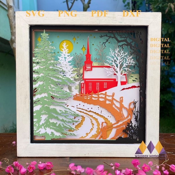 3D Christmas Church Svg Shadow Box - Christmas Pine Tree Decor - Light Box - Criccut - Silhouette.