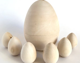 Hollow Wooden Egg with 6 small eggs, Easter Eggs Toy, Wood Easter Basket Stuffers Gift Unpainted