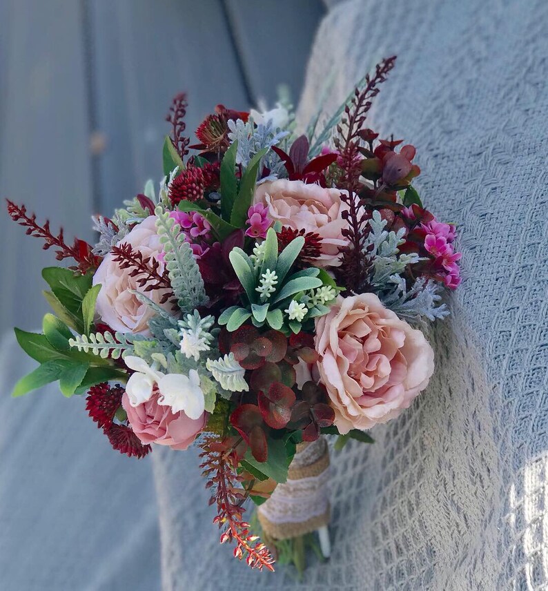 bridesmaids flowers faux bouqiets silk bridal wedding flowers burgandy wedding flowers Realistic Bridal bouquets artificial flowers