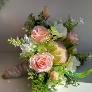 Peach Wedding Bouquet: Artificial Roses, Eucalyptus & Succulents