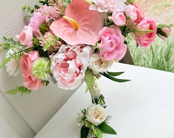 Blush Pink Bridal Bouquet & Matching Boutonniere | Artificial Wedding Flowers | Anthurium, Peonies and Roses | Keepsake Bridal Bouquet