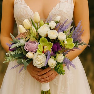 Elegant Artificial Bridal Bouquet with Lavender, Roses, and Orchids – Perfect for Weddings & Keepsakes