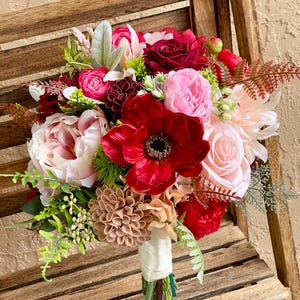 Romantic Red & Blush Artificial Bridal Bouquet – Realistic Faux Roses, Ranunculus, Peonies and Anemones