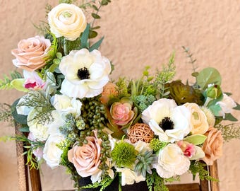 Crescent Silk Floral Arrangement | Elegant Faux Flower Centerpiece | Modern Home & Event Decor