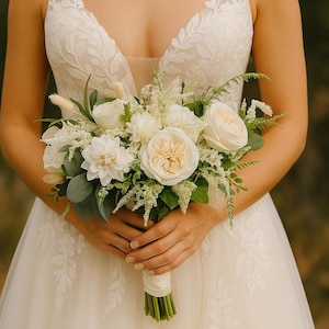 Elegant White & Ivory Bridal Bouquet – Artificial Silk Wedding Flowers with Roses and Greenery