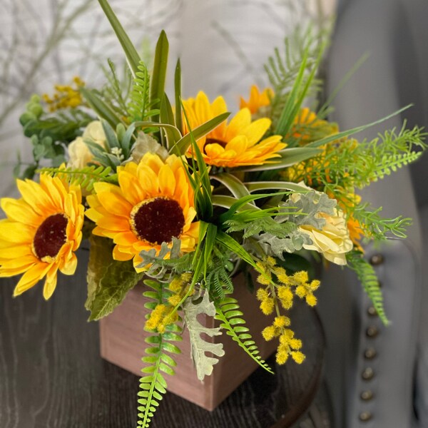 ARTIFICIAL SUNFLOWER CP, wood box, sunflower arrangement, home decor, hotel arrangement, desk floral, wedding flowers, gift ideas