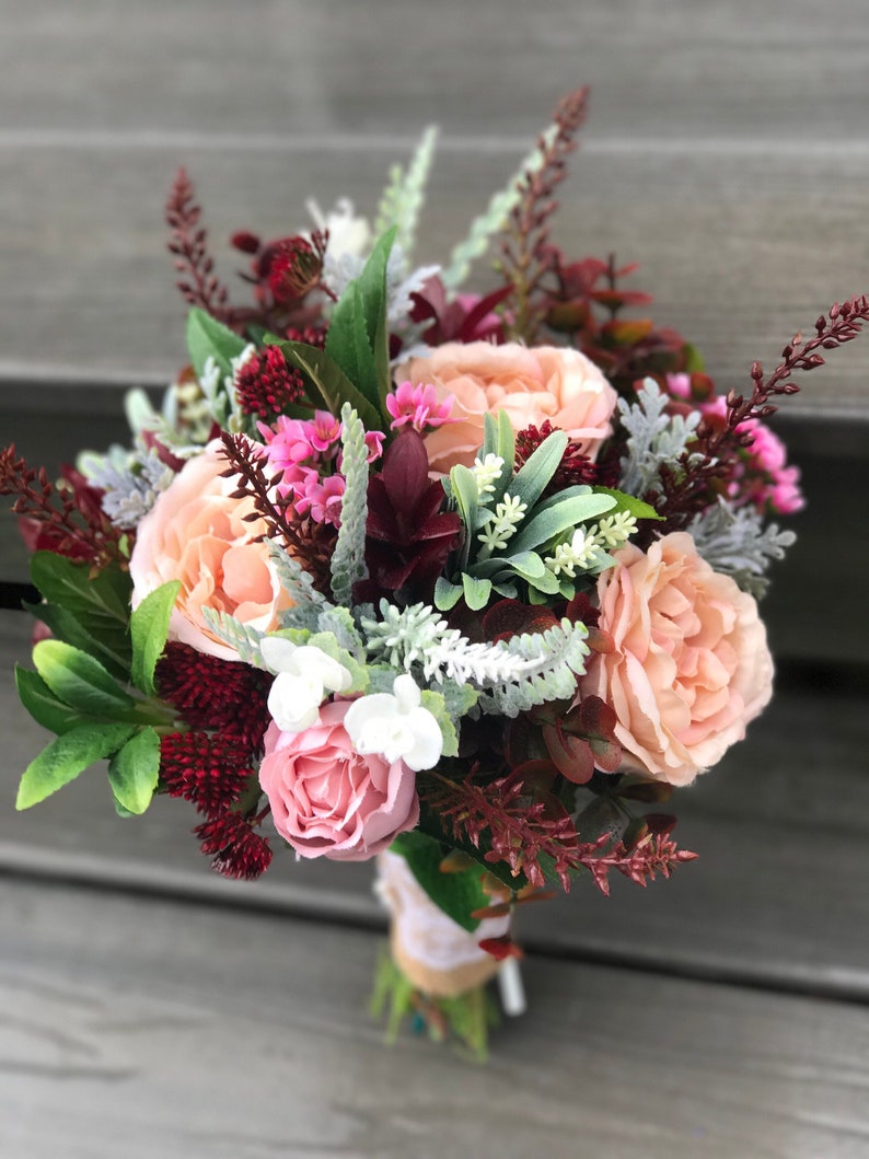 bridesmaids flowers faux bouqiets silk bridal wedding flowers burgandy wedding flowers Realistic Bridal bouquets artificial flowers