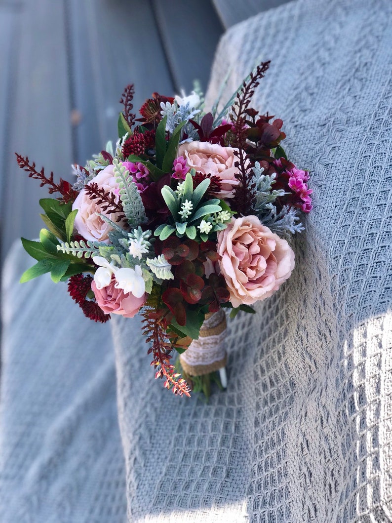 bridesmaids flowers faux bouqiets silk bridal wedding flowers burgandy wedding flowers Realistic Bridal bouquets artificial flowers