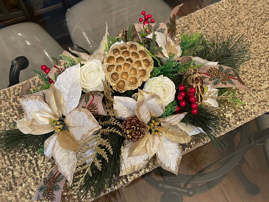 ARTIFICIAL CHRISTMAS ARRANGEMENT, Table Centerpiece, White, Gold, Red