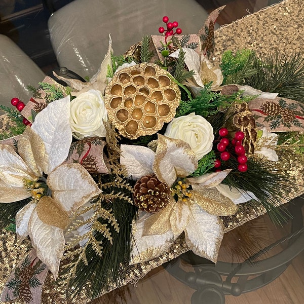ARTIFICIAL CHRISTMAS ARRANGEMENT, table centerpiece, white, gold, red berries, poinsettias, pinecone ,ribbon ,table decorations, silk floral