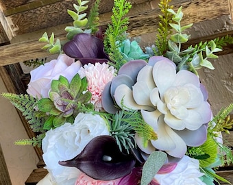 Succulent and Rose Bridal Bouquet with Matching Boutonniere – Silk Peonies, Realistic Greenery, Soft Pink & Plum Wedding Flowers