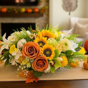 Sunflower & Terracotta Rose Centerpiece: Long Low Artificial Floral Arrangement